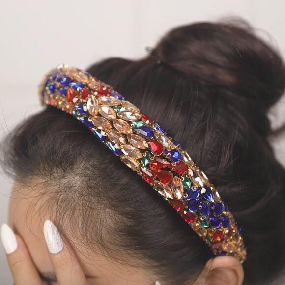 Colorful Rhinestone Sponge Headband Vintage Wide Edge Stained Glass Hair Accesso main image 6